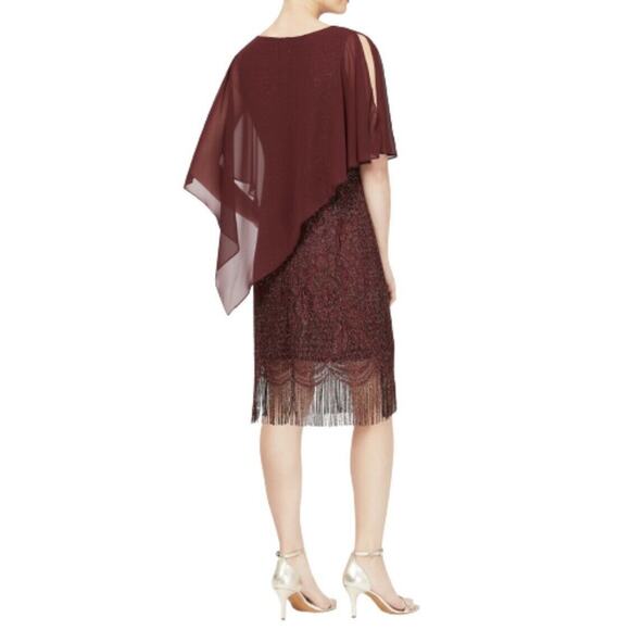 SLNY Burgundy Gold Lace Fringe Dress Attached Chiffon Cape NWOT Size 6 - Picture 2 of 9